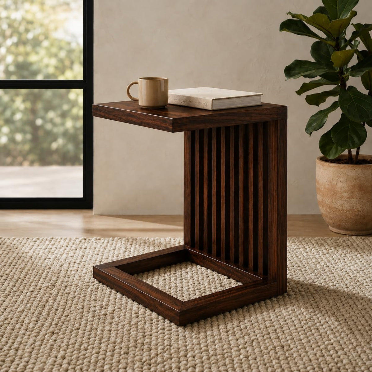 Solid Sheesham Wood C Shape Side Table for Living Room | Modern Sofa End Table | Wooden Laptop Table for Bed | 