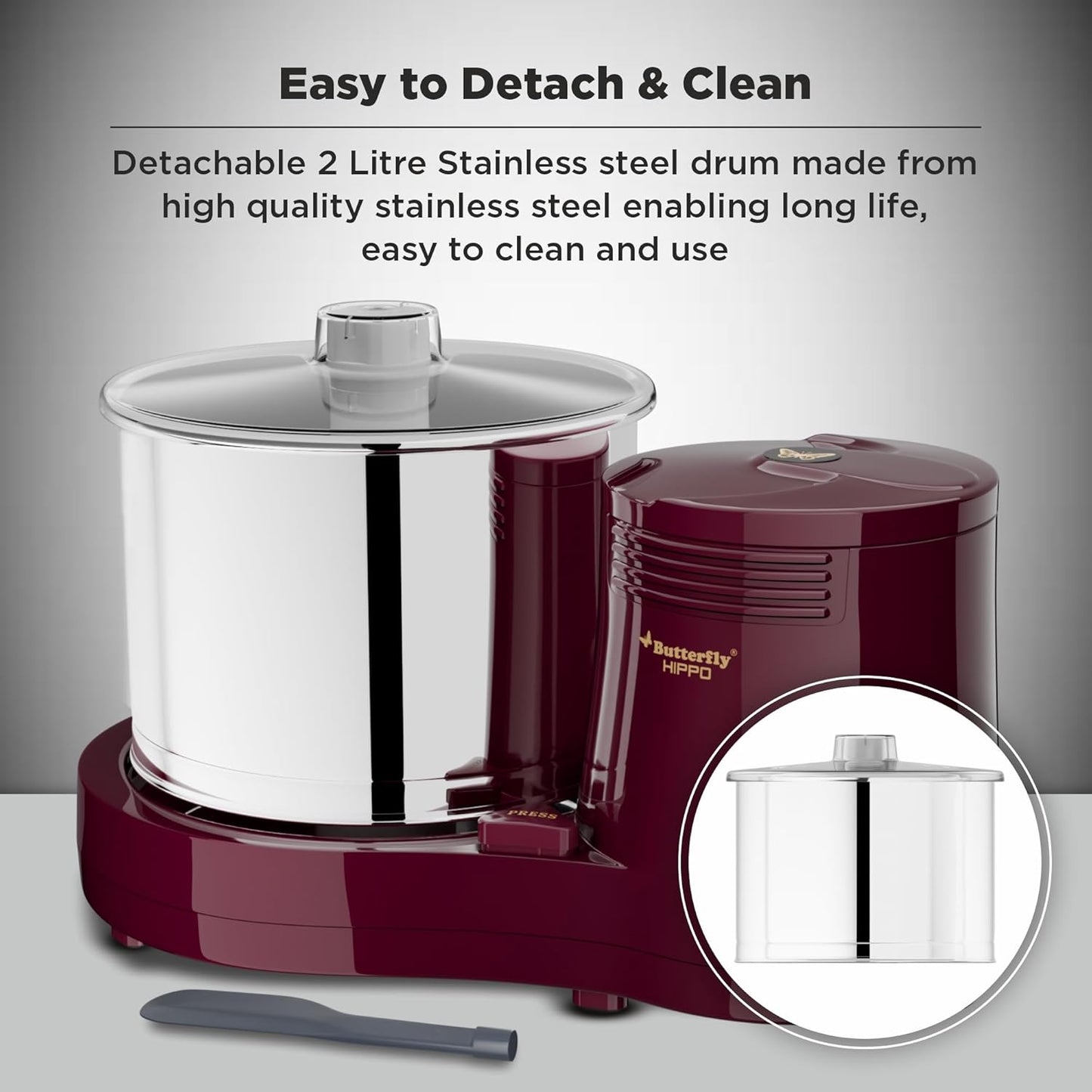 Butterfly Hippo 2 Litres Table-Top Wet Grinder | 150 Watts | Shockproof ABS Body | 4-way Grinding | Easy Clean & Maintenance | Stainless Steel Drum | 2 Years Manufacturer's Warranty | Cherry Red