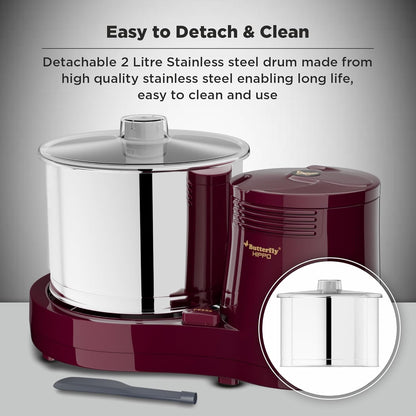 Butterfly Hippo 2 Litres Table-Top Wet Grinder | 150 Watts | Shockproof ABS Body | 4-way Grinding | Easy Clean & Maintenance | Stainless Steel Drum | 2 Years Manufacturer's Warranty | Cherry Red