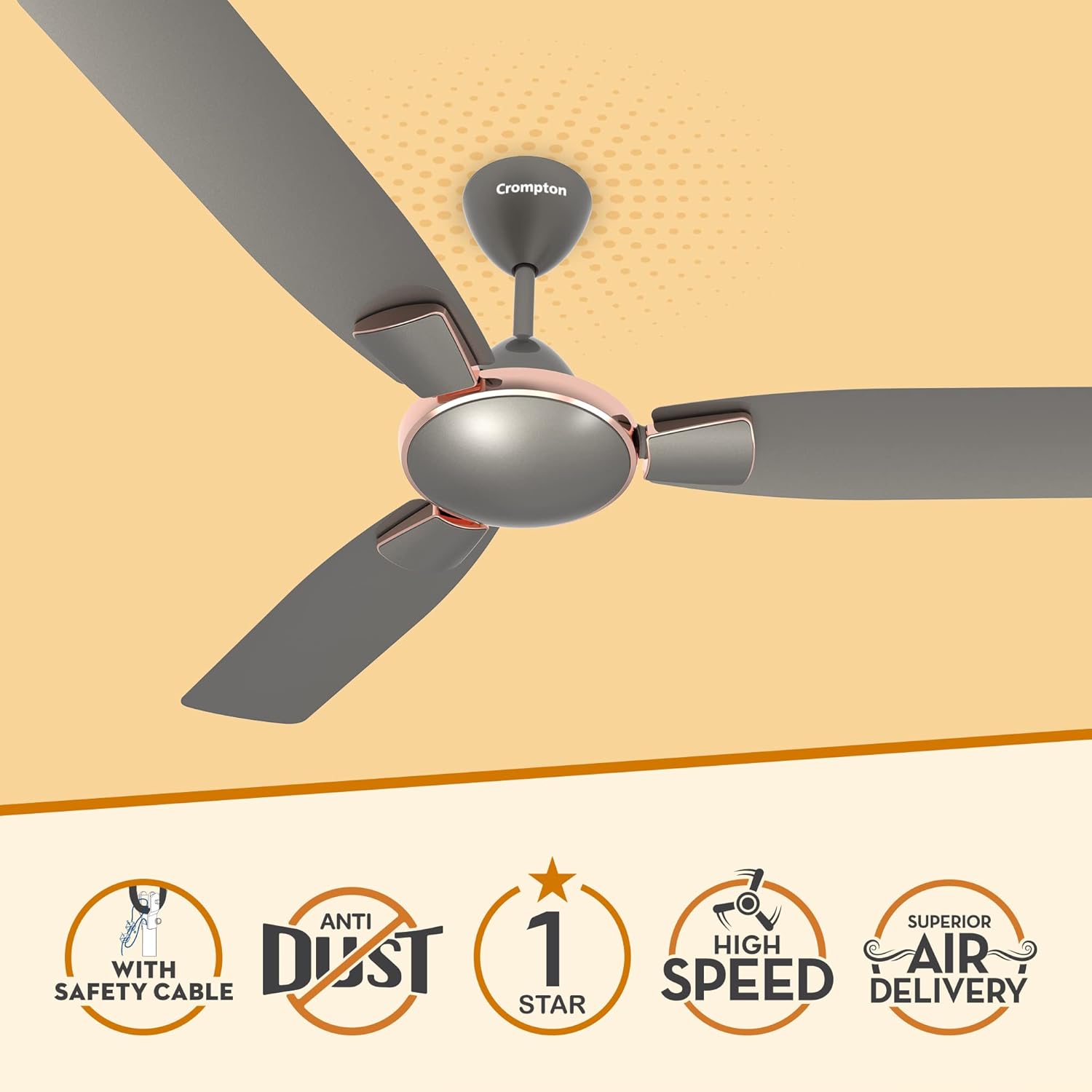 Crompton Highspeed Toro 1200 mm Designer Ceiling Fan | BEE Star Rated Energy Efficient | Anti-Dust | Active Power Technology | Upto 50% Less Heating | 2 Year Manufacturer Warranty | Warm Grey