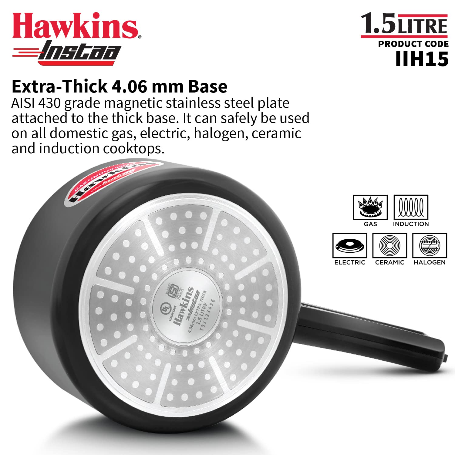 Hawkins 1.5 Litre Instaa Pressure Cooker, Induction Inner Lid Cooker, Tall Body Hard Anodised Baby Cooker, Black (IIH15)