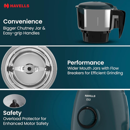 Havells ESO 750 Watt Mixer Grinder | 4 Jars (3 Stainless Steel + 1 Juicer Jar) | Heavy-Duty ABS Body | Powerful Motor | Wider Mouth Blades | Handles on All Jars | 2-Year Product Warranty (Teal)