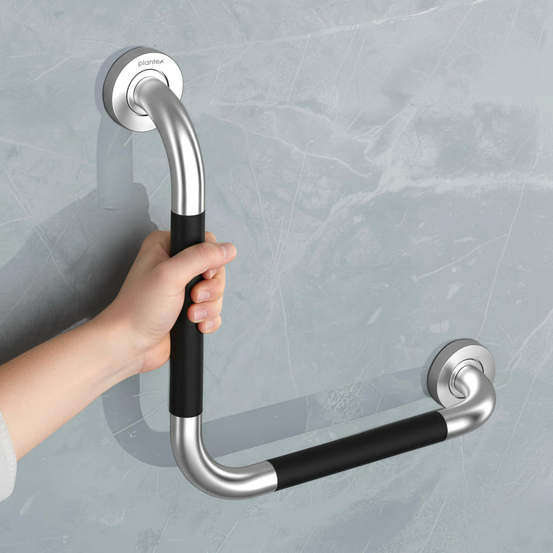 Plantex L-Shape Bathroom Handle for Senior Citizen/Grab Bar for Toilet/Wall-Mounted Safety Handle Made of 304 Grade Stainless Steel - Pack of 1 (Chrome & Black)-1