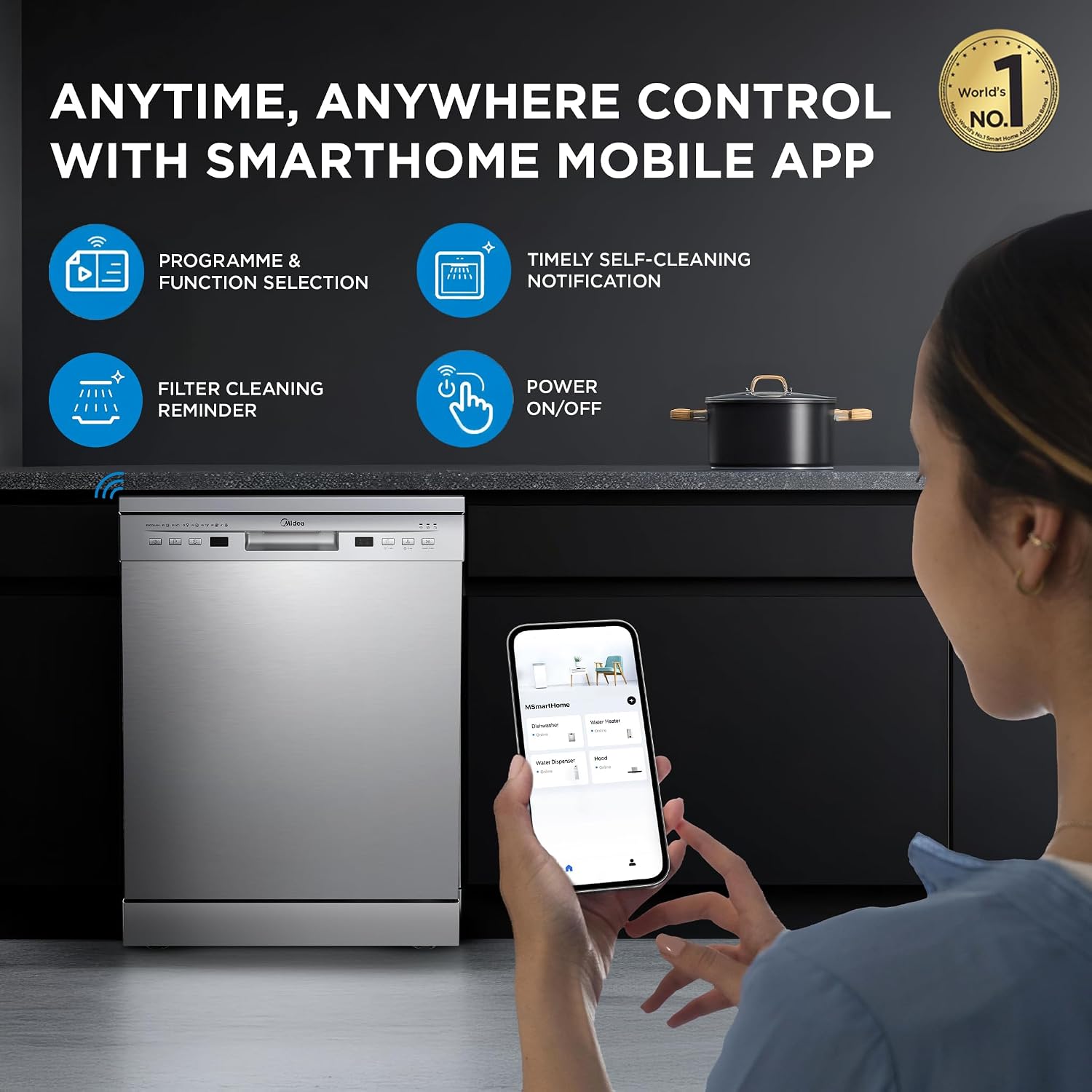 Midea 13 Place Settings Free Standing Silver Dishwasher | 7 Wash Programs | LED Display | Power Wash | Wi-Fi Enabled with Midea SmartHome App | Self Cleaning Function | MDWPF1301F(SS)-WG