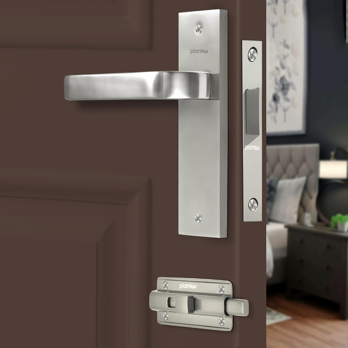 Plantex Heavy Duty Door Lock “ Bathroom Door Lock/Mortise 8inch Keyless Plate Handle Set for Home/Bathroom/Store Room/Balcony/Office with Baby Latch (8107, Matt)