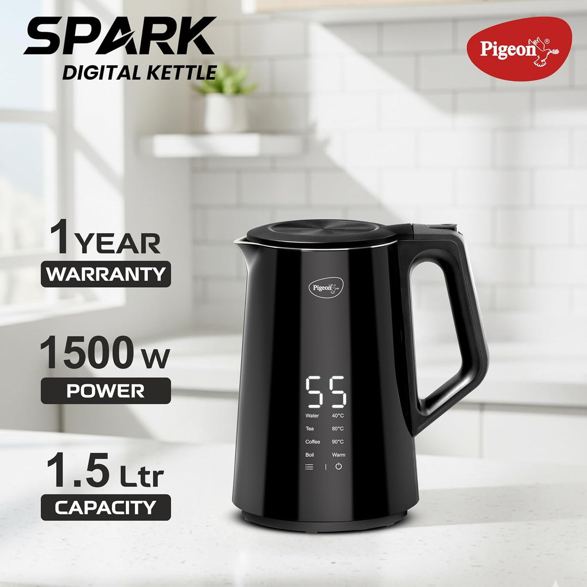 Pigeon Spark Digital Kettle 1500 Watt, 1.5 L with Stainless Steel Body, Used for Boiling Water and Milk, Tea, Coffee, Oa