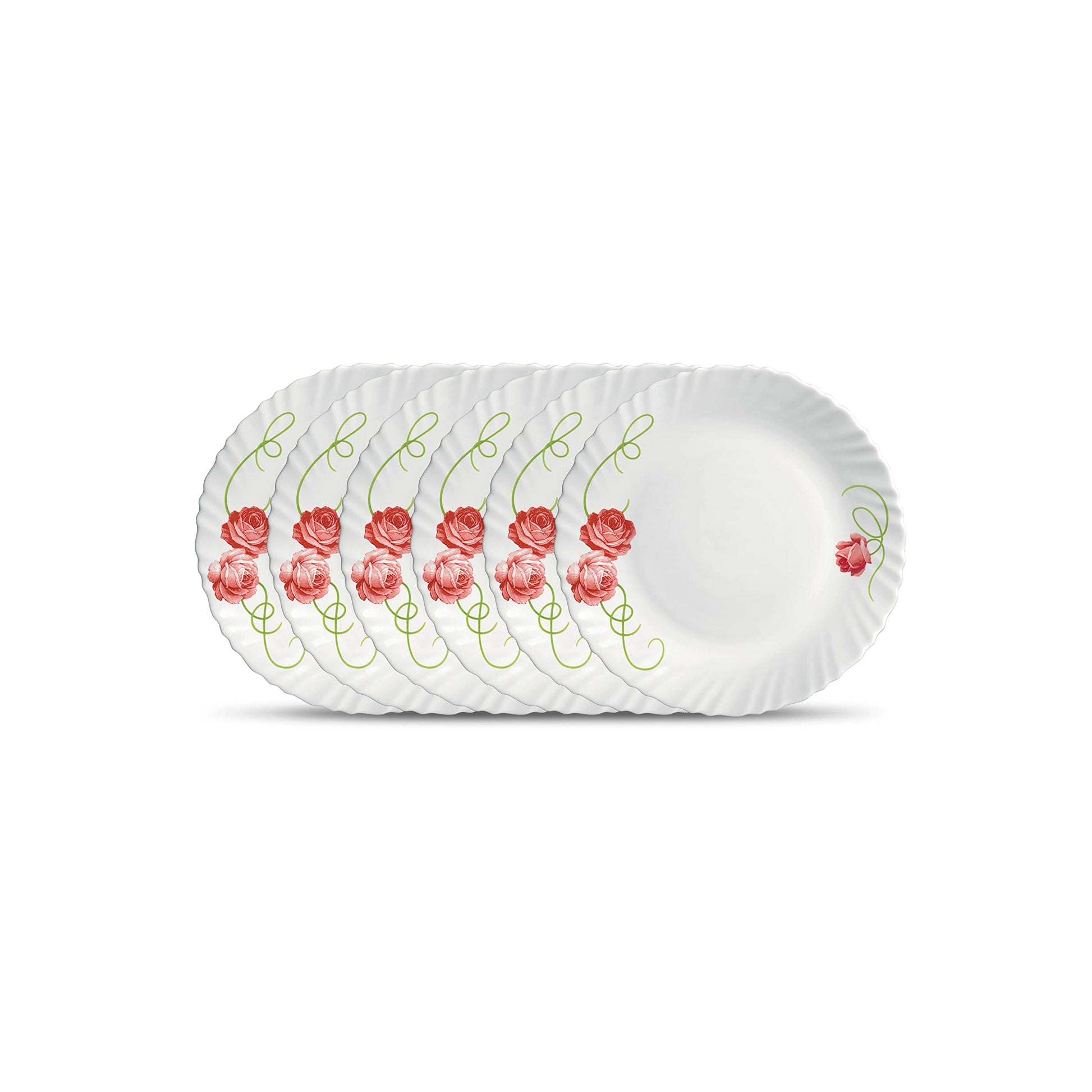 La Opala Novo Collection Opal Glass Crockery | Quarter Plate Set of 6 | Scarlet Blooms Design | Plates for Snacking & Gifting | Microwave Safe | 100% Vegetarian | Extra Strong | Super Light & White