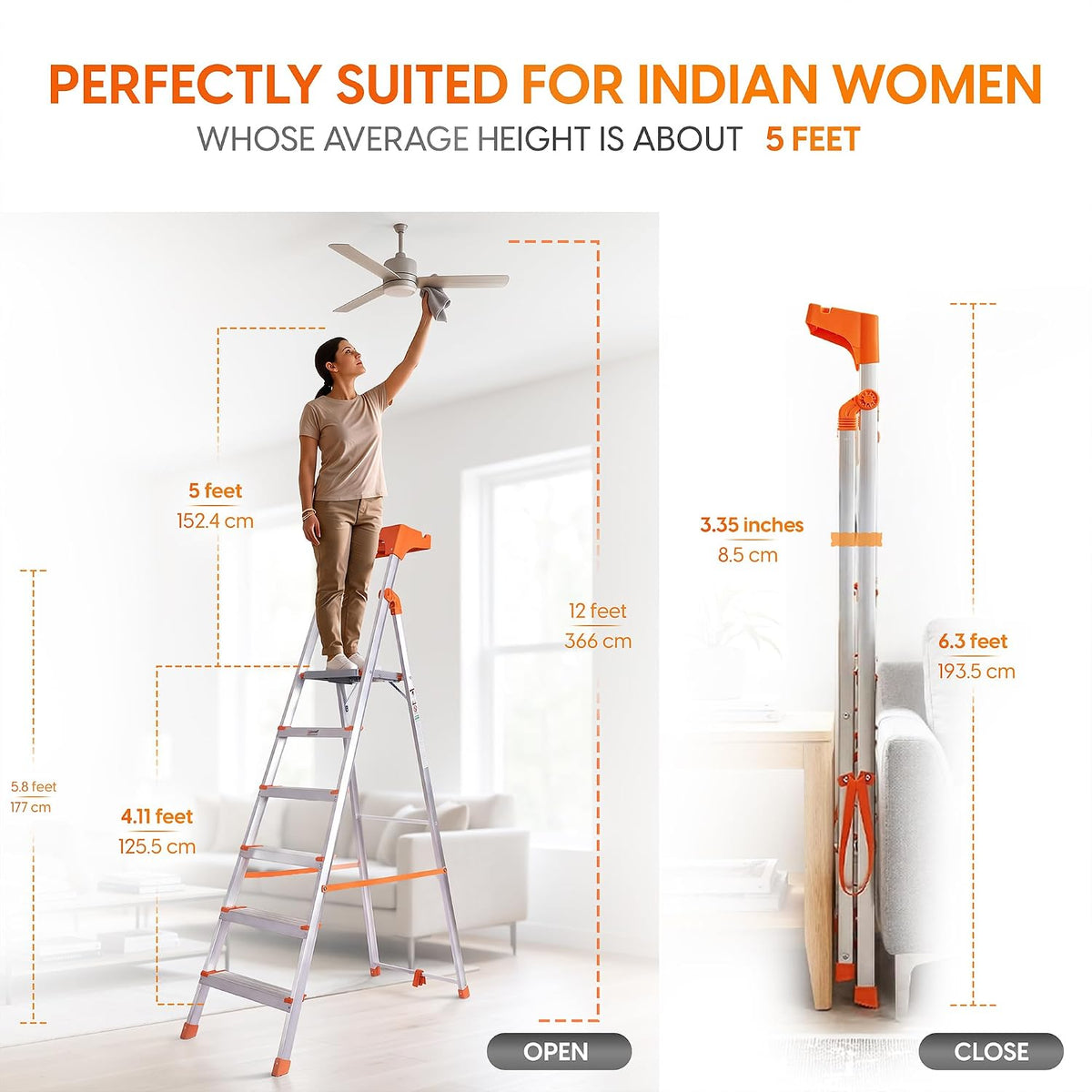 PROHOME Aluminium Ladder for Home 6 Steps Foldable with Tool Tray & Anti-Skid Wide Steps | 6 Step Ladder for Home Use, Kitchen & Household | 250 Kg Capacity Folding Ladder | 5 Year Warranty (Orange)
