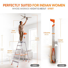 PROHOME Aluminium Ladder for Home 6 Steps Foldable with Tool Tray & Anti-Skid Wide Steps | 6 Step Ladder for Home Use, Kitchen & Household | 250 Kg Capacity Folding Ladder | 5 Year Warranty (Orange)