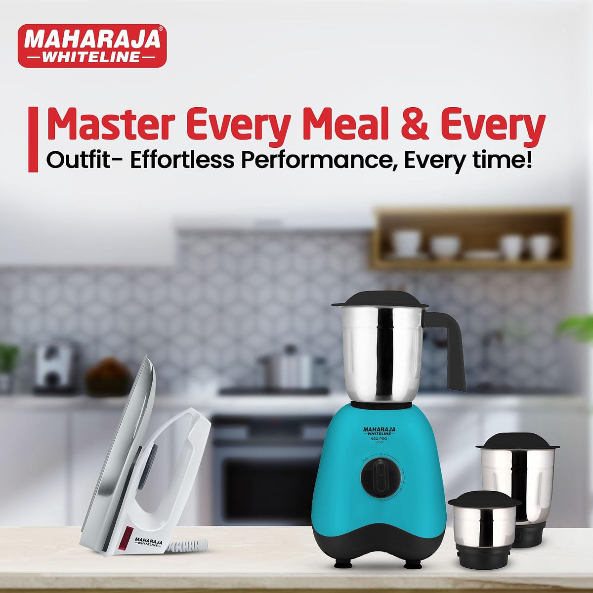 Maharaja Whiteline कॉम्बो पैक मिक्सर ग्राइंडर 500w और ड्राई आयरन 1000w, नीला