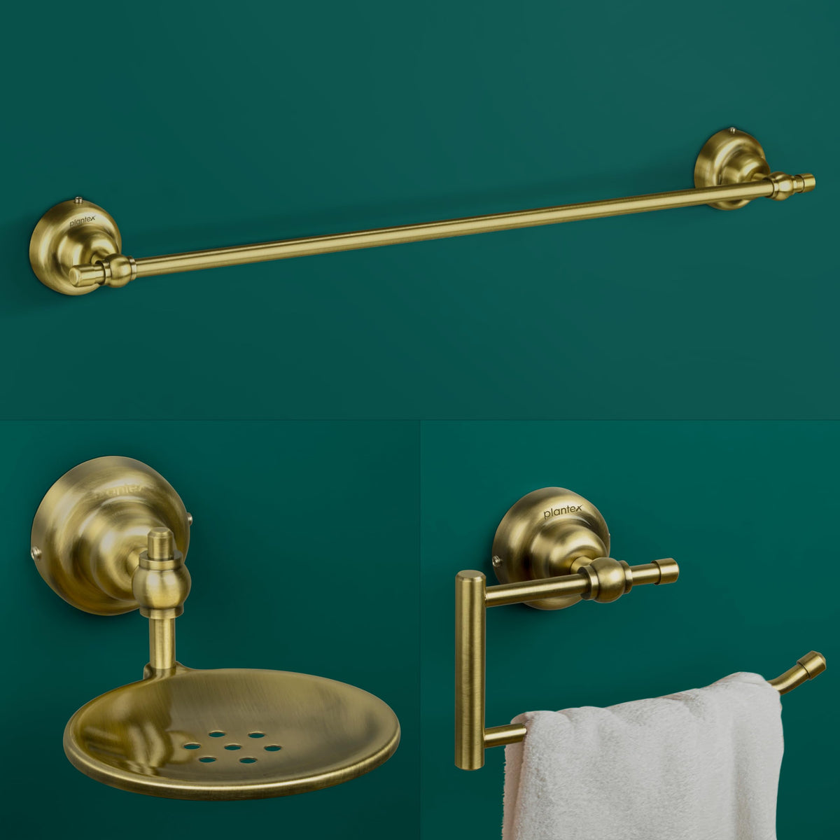 Plantex 304 Grade Stainless Steel Bathroom Accessories Set of 3 - Towel Hanger/Napking Holder/Soap Holder for Bathroom - Skyllo (Brass Antique)