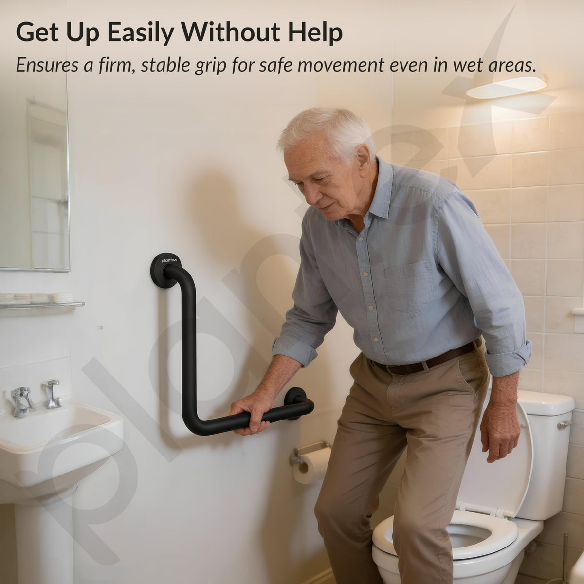 Plantex L-Shape Grab Bar for Toilet/Support Handle for Senior Citizen/Anti-Slip Shower Handrail - Stainless Steel, Pack of 1 (Black)-3