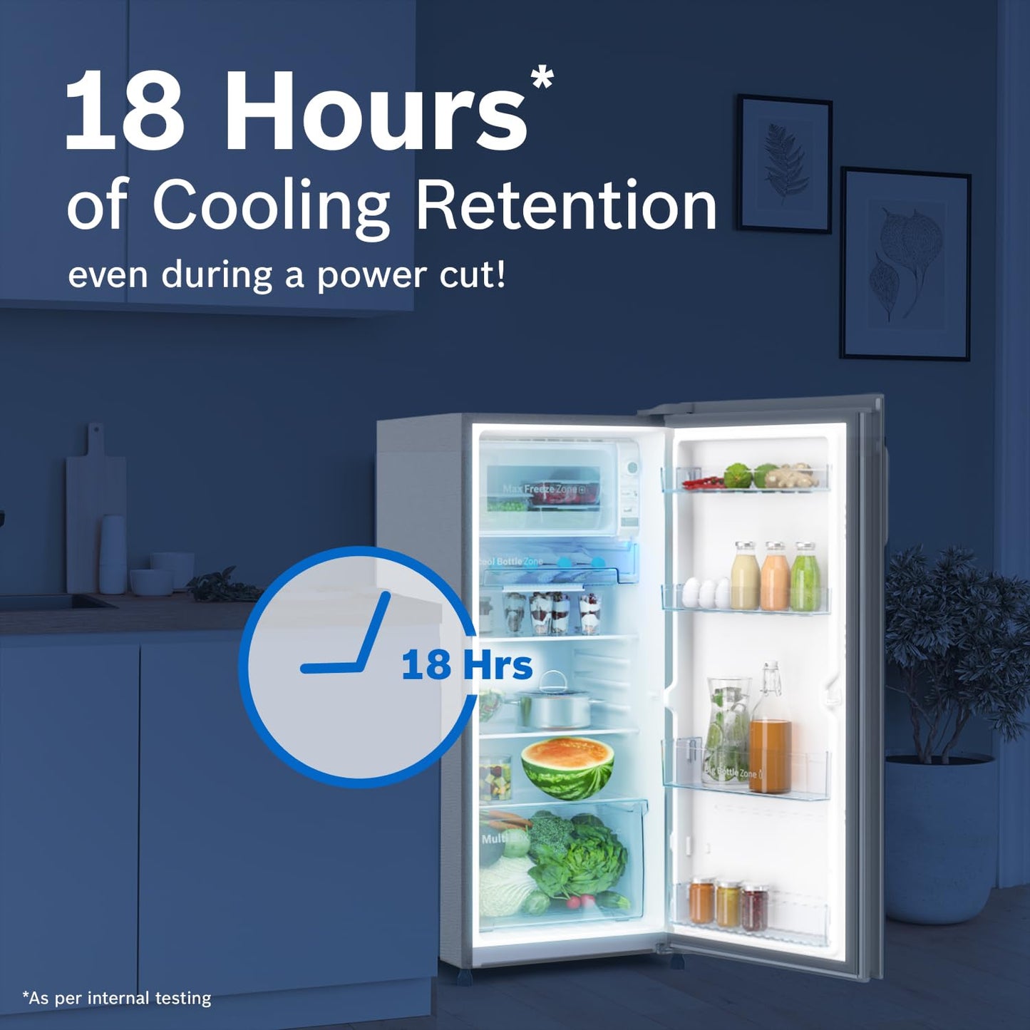 Bosch 187 L, 4 Star, Single Door Refrigerator with Industry's largest vegetable box* & Beverage space (CST18S24NI, Fine steel) 18 Hr Cooling Retention, 2.5x Faster Cooling, Smart inverter compressor