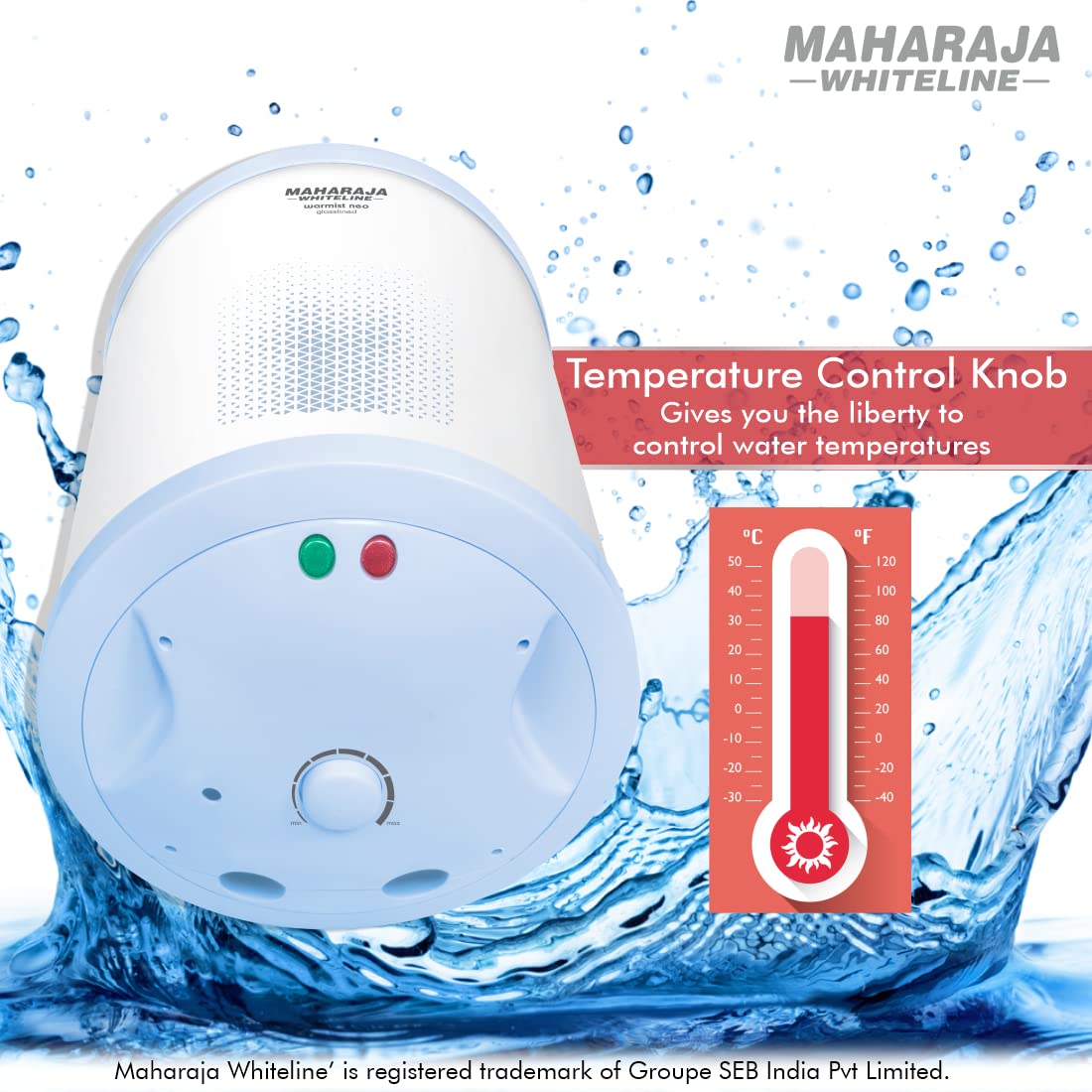 Maharaja Whiteline Warmist Neo Storage Water Heater, 10 Litre, Glasslined Coating, Rust & Shock Proof Abs Body, Blue & White Color, Free Installation, Free Connection Pipes - Warmist Neo/Wh-164