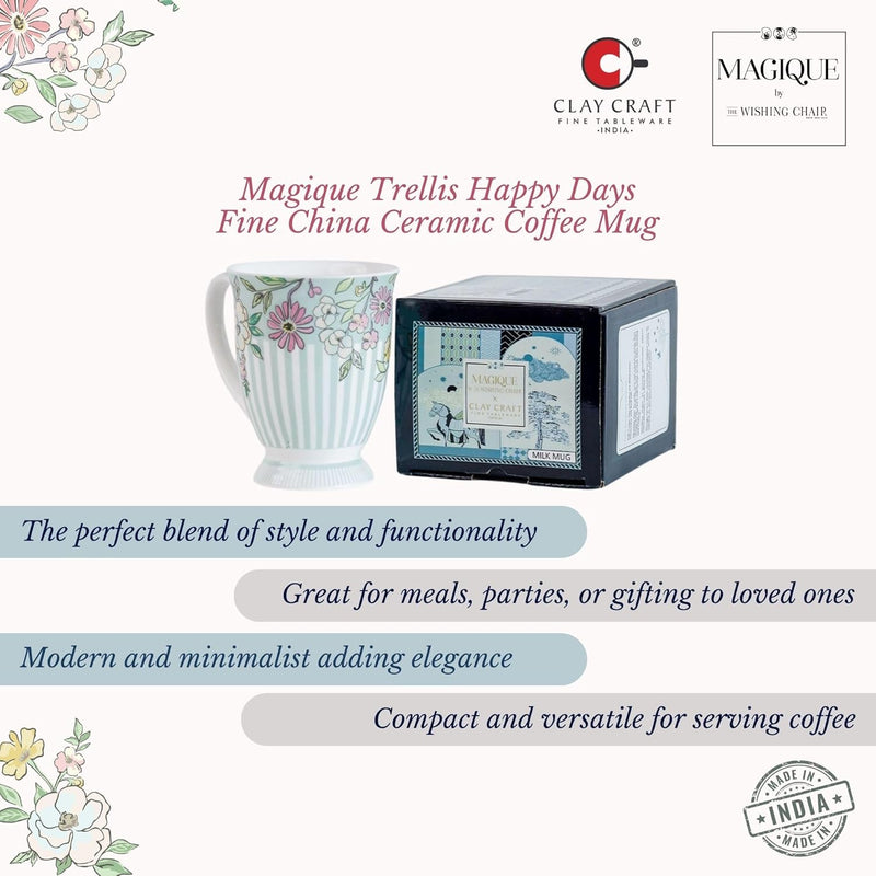 Magique by The Wishing Chair x ClayCraft : Trellis Happy Days Ceramic Coffee Mug – 300 ml | Handcrafted Floral Cup | Elegant Lightweight Coffee Mug | Microwave & Dishwasher Safe | Tea Mug