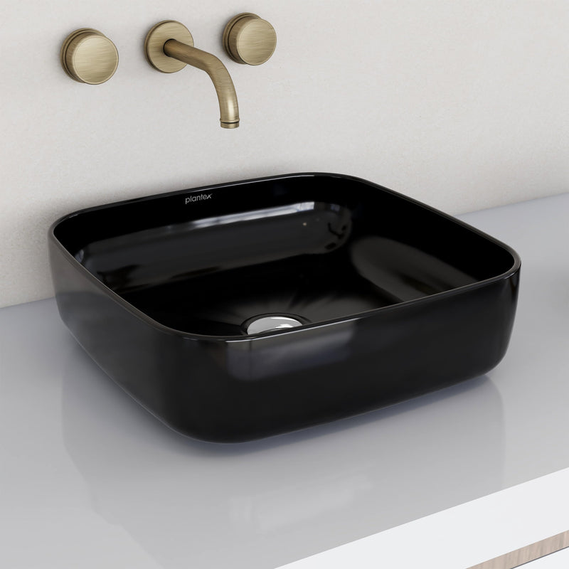Plantex Premium Ceramic Tabletop Washbasin/Black Countertop Wash Basin/Tabletop Basin for Bathroom/Small Wash Basin (16 x 16 x 5 Inch)-1