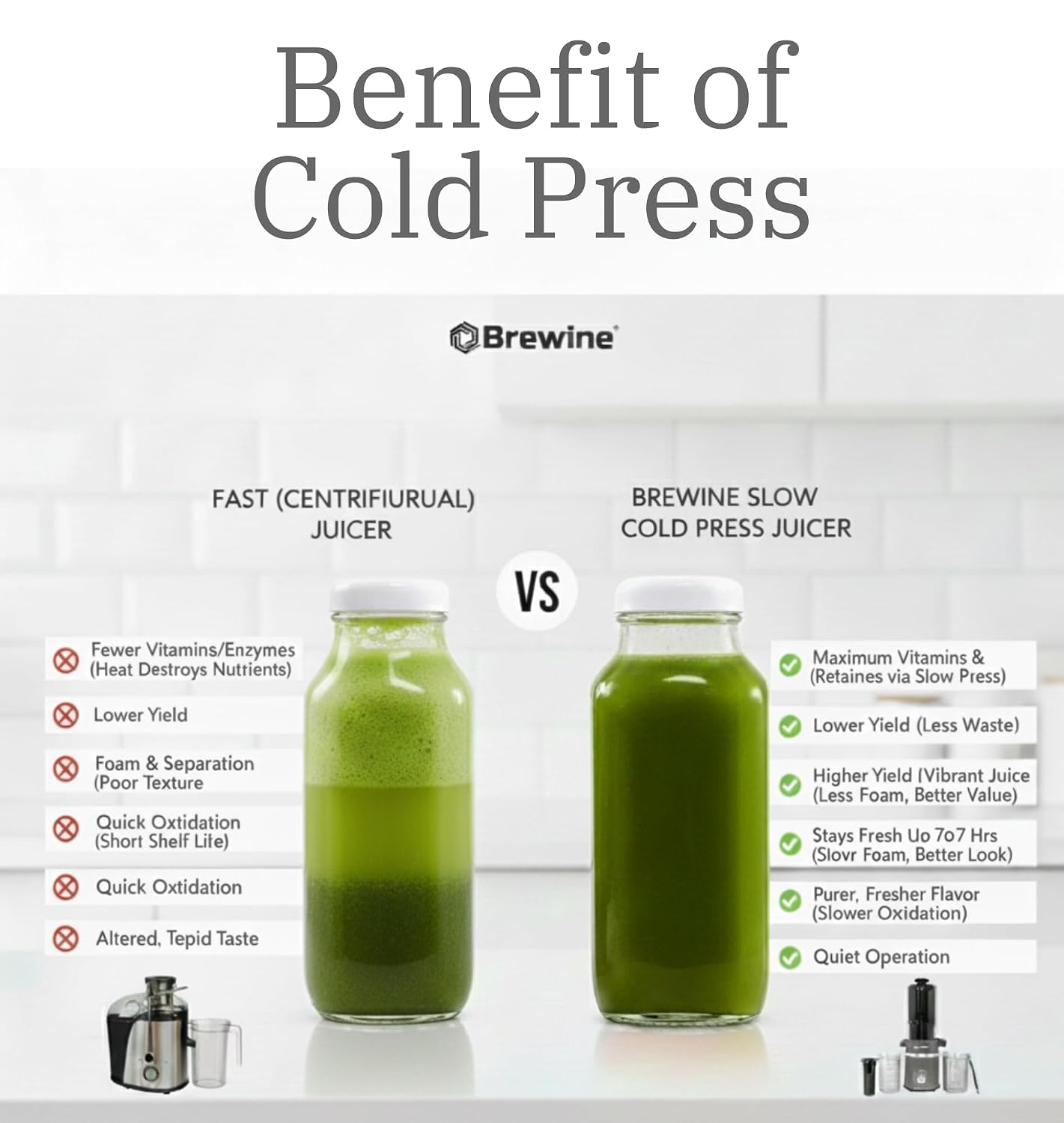 Brewine Cold Press Slow Juicer | 60 RPM High Nutrition Extraction | Wide Feeder | Reverse Function | Easy Clean Design | For Fruits & Vegetables