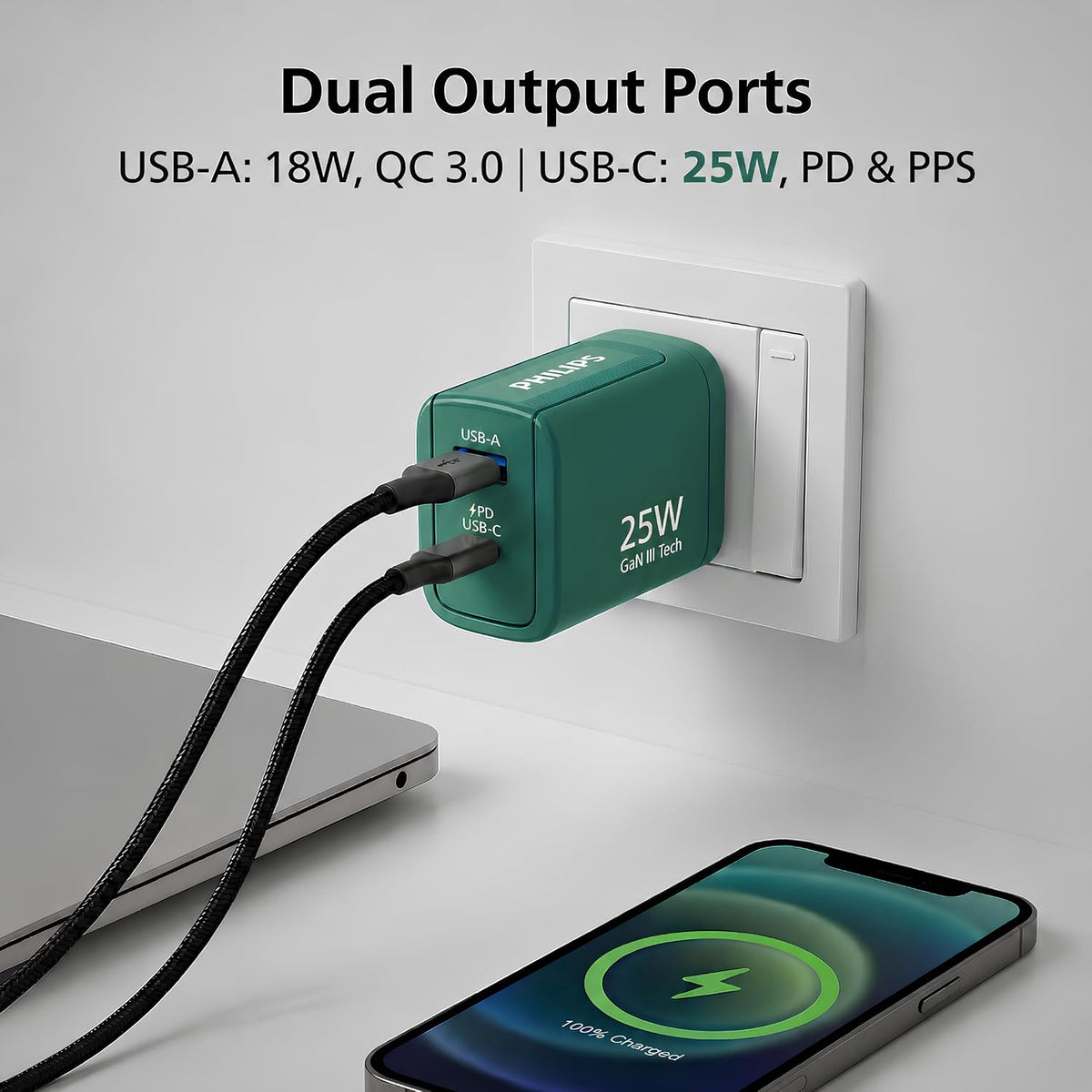 Philips DLP4321NC/94 Gen III Tech 25W Fast Charging Wall Charger (Deep Cyan)