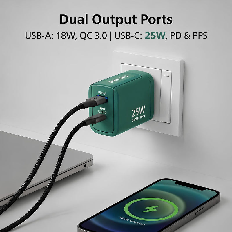Philips DLP4321NC/94 Gen III Tech 25W Fast Charging Wall Charger (Deep Cyan)