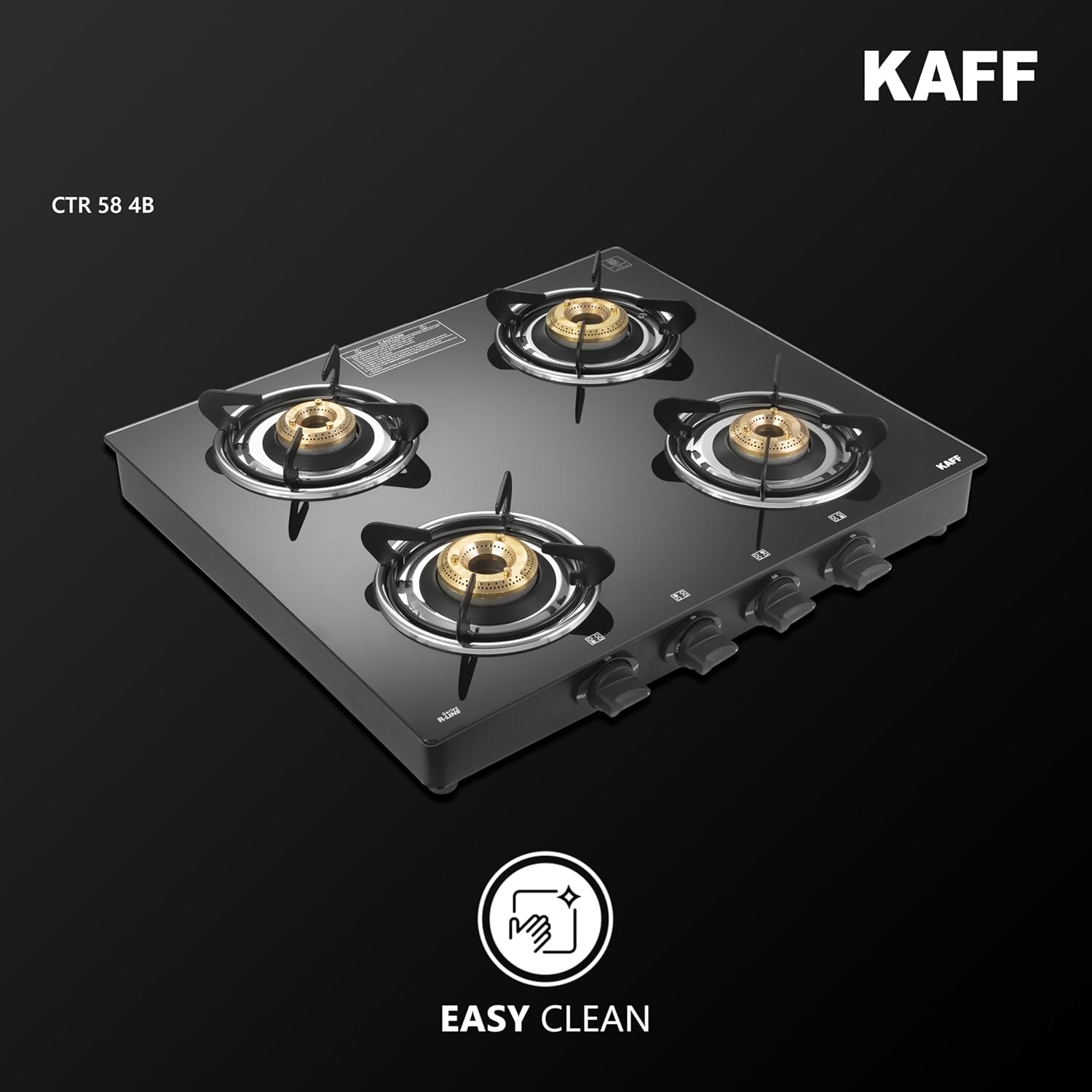 KAFF Cooktop | 4 Burners with Slim Line Design 58 CM | High Efficiency Brass Burners, Black Tempered Glass | Matt Enamelled Pan Support | Black | CTR58-4B