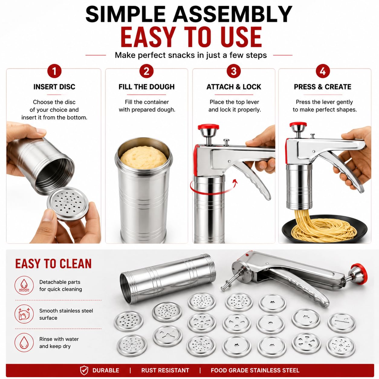 Kitchen Press Sev Sancha Machine | Murukku Maker | Chakli Maker | Idiyappam Press | Sev Bhujiya Gathiya Maker | Stainless Steel Snacks Maker for Farsan Namkeen Noodles Cookies