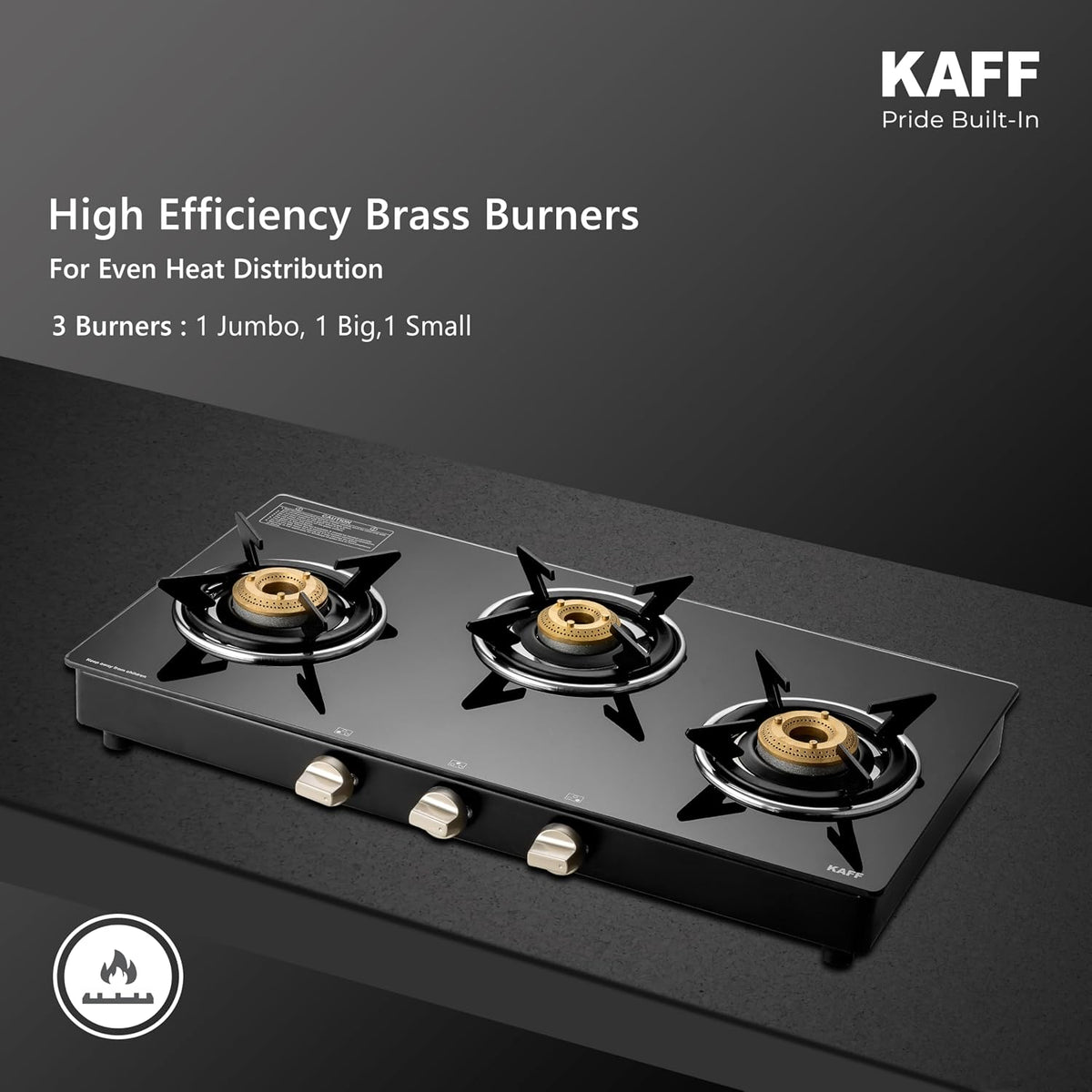 Kaff CTC 77 3B Gas Stove/Cooktop 3 Burners with Manual Ignition 77 CM, High Efficiency Brass Burners, Black Tempered Gla