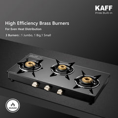 Kaff CTC 77 3B Gas Stove/Cooktop 3 Burners with Manual Ignition 77 CM, High Efficiency Brass Burners, Black Tempered Gla