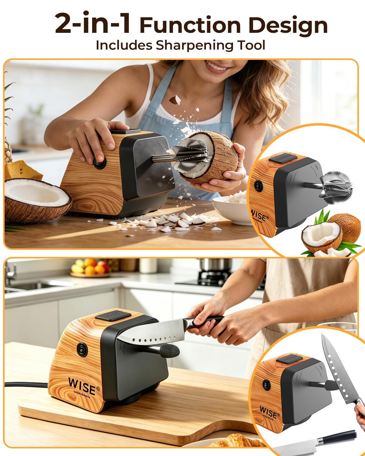 Wise Electric Coconut Scraper Machine with Vortex Blade, Dual Mode Switch, Anti-Skid Base, High Torque Motor for Fast Coconut Grating, Ideal for Kitchen, Home & Commercial Use