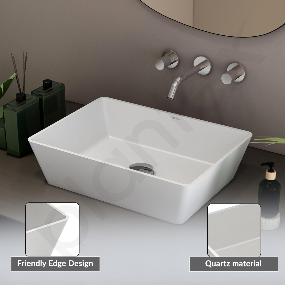 Plantex Table Top Basin for Bathroom/Quartz Rectangle Basin/Vessel Sink Over Counter for Home/Restaurant (White, 18 x 13 x 5 Inch)-5