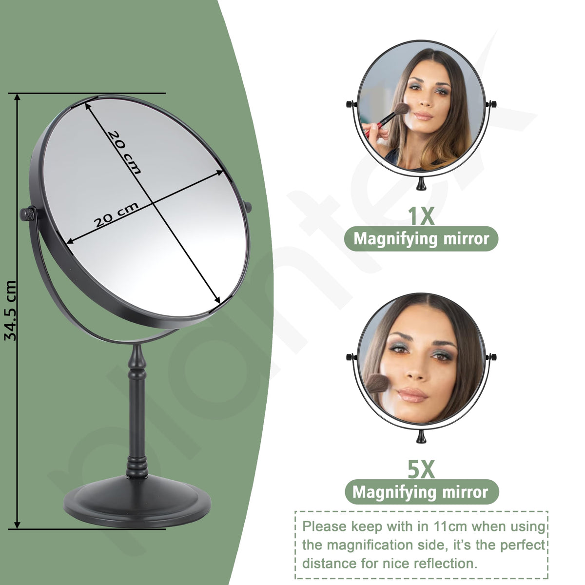 Plantex Premium Brass Magnifying Mirror/Dual Side Shaving Mirror for Bathroom with 5x/1x Magnification/Tabletop Vanity Hand Mirrors Stand (8 Inch-Black/Tabletop)-3