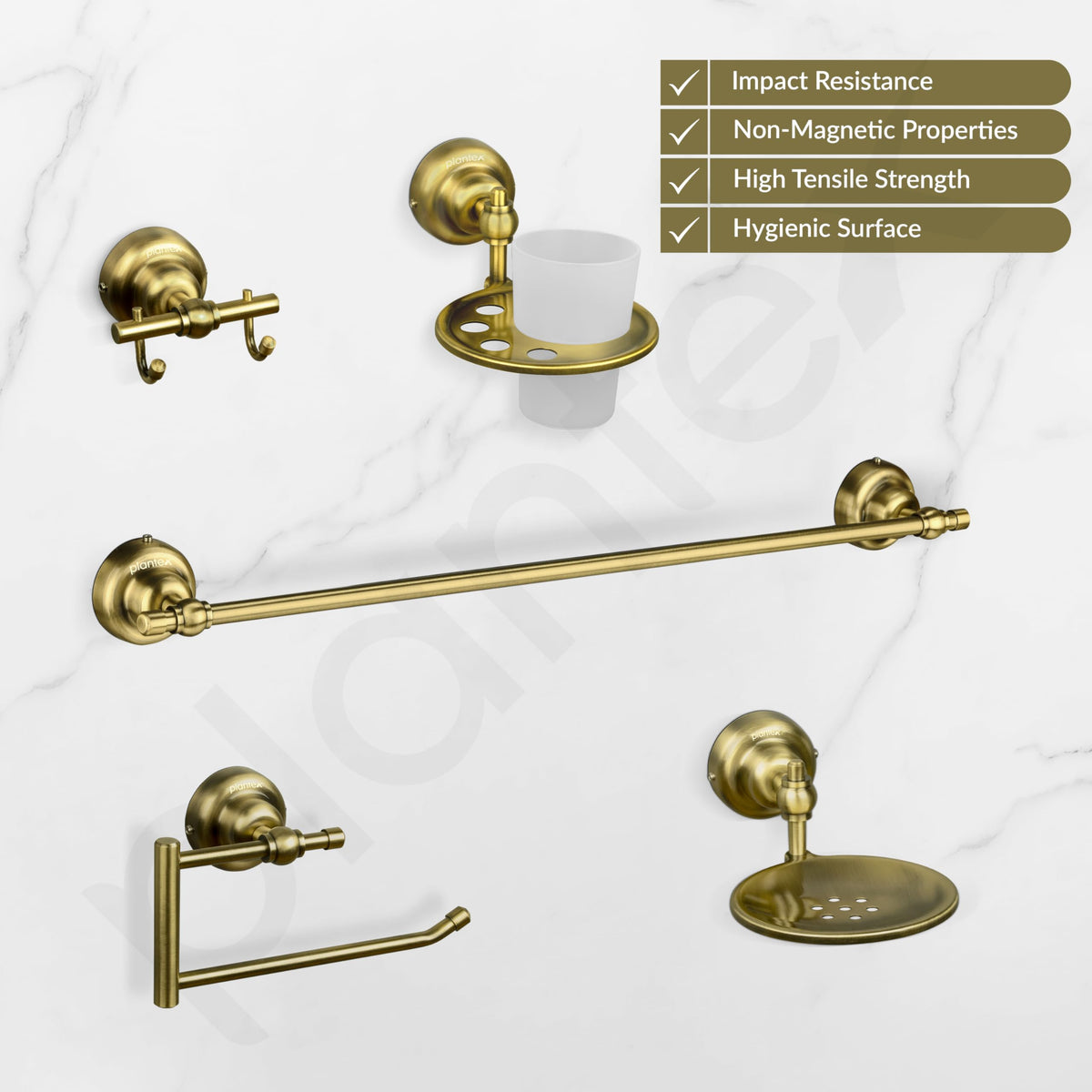 Plantex 304 Grade Stainless Steel Bathroom Accessories Set of 5 - Towel Rod/Hand Napkin Hanger for WashBasin/Soap Case/Toothbrush Holder/Robe Hook - Skyllo (Brass Antique)-2