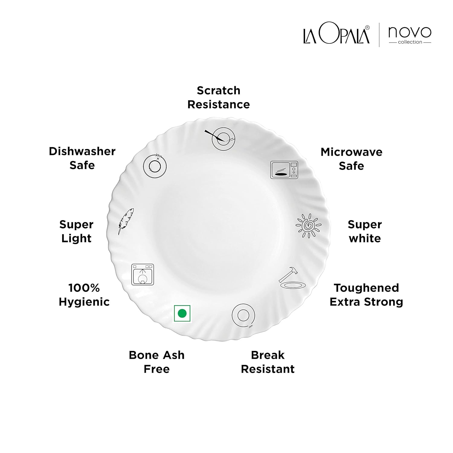 La Opala Novo Collection Opal Glass Crockery | for Family of 6 | Dinner Set 35 pcs Trinty Green | Plates & Bowls for Dining | Microwave Safe | 100% Vegetarian | Extra Strong | Light & White