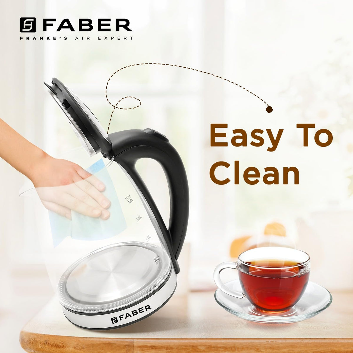Faber 1.8L Electric Glass Kettle | 1500W | 2MM Borosilicate Glass | Dry Heat Protection | LED Illumination | Detachable 