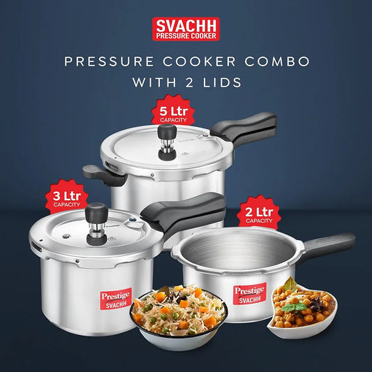 Prestige 2L+3L+5L Aluminium Svachh Outer Lid Pressure Cooker combo with 2 Lids|Deep Lid for spillage control|Gas & Induction Compatible|Gasket Release System|5 years warranty|ISI Certified