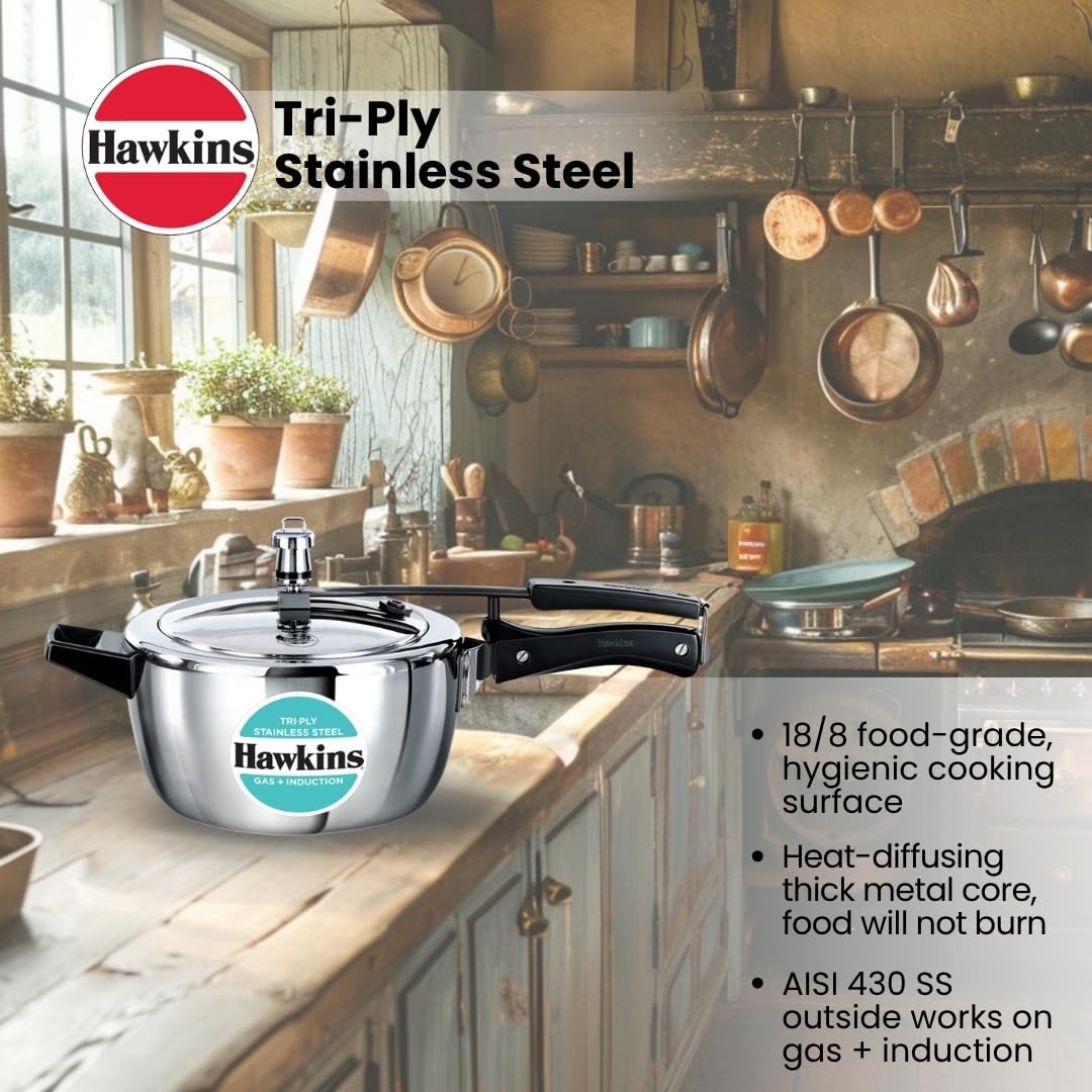Hawkins 3.5 Litre Triply Stainless Steel Pressure Cooker, Inner Lid Cooker, Silver (HSST35)