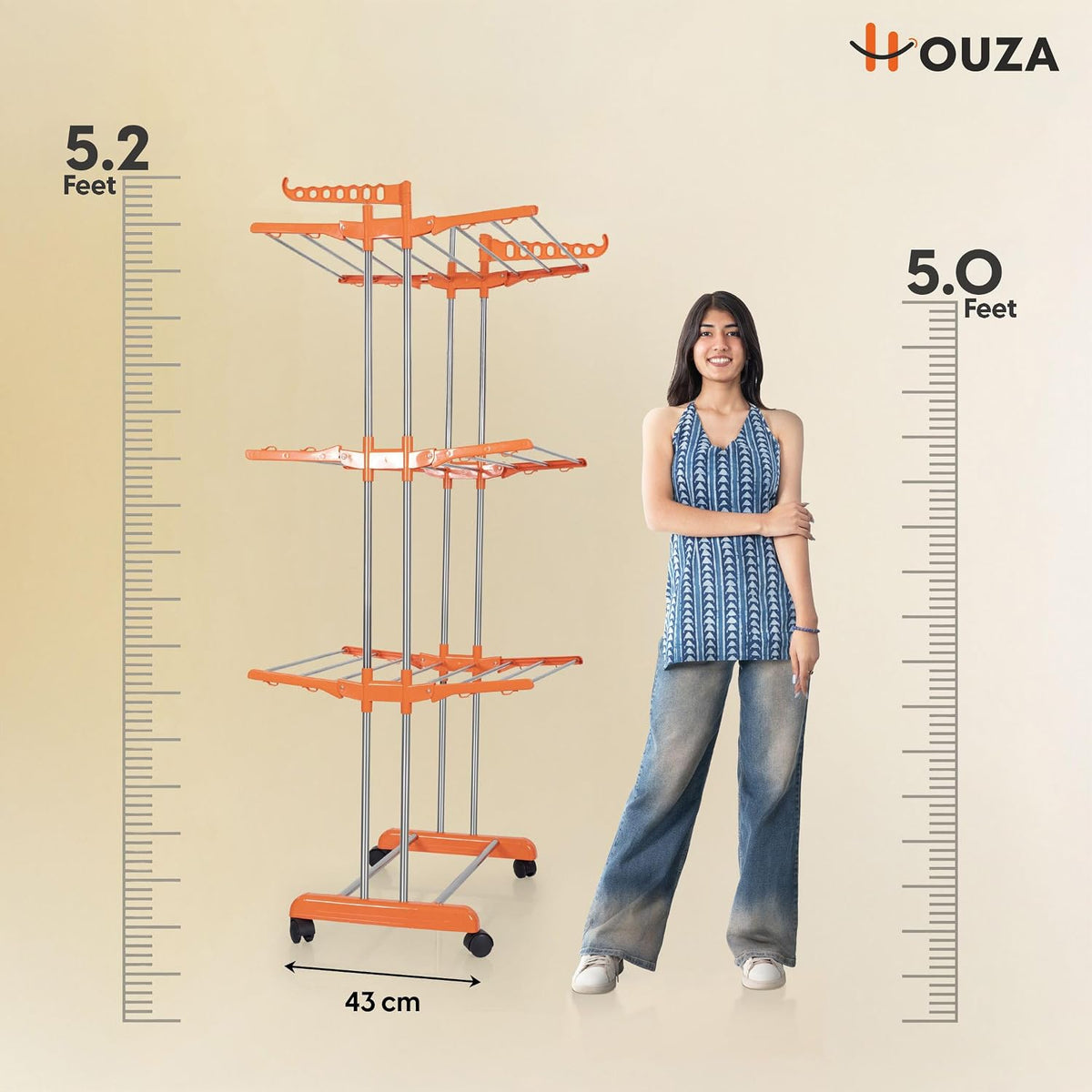 HOUZA Stainless Steel Clothes Drying Stand | 3 Layer Foldable Cloth Dryer Stand with Wheels | 6 Foldable Wings - Orange