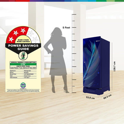 Bosch 187 L, 3 Star, Single Door Refrigerator with Industry's largest base drawer, vegetable box* & Beverage space (CST18B33PI, Feather Blue) 18 Hr Cooling Retention, 2.5x Cooling, inverter compressor