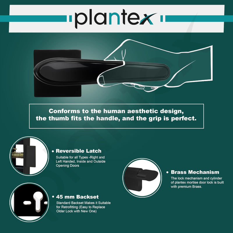 Plantex Main Door Lock/Mortise Lock for Doors - Robust Door Handle for Home with Brass Locks Body & Cylinder (PT-014, Black)-6