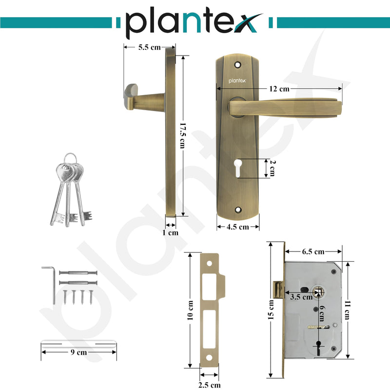 Plantex Heavy-Duty Door Lock Set - Main Door Lock Handle Set/Mortise Lock with 3 Keys, Pack of 1 (8130-Brass Antique)-3