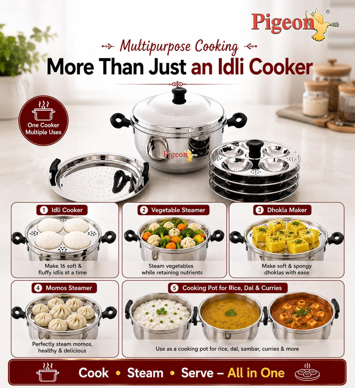 Pigeon Stainless Steel Hot 16 Idly Pot with Steamer - Silver