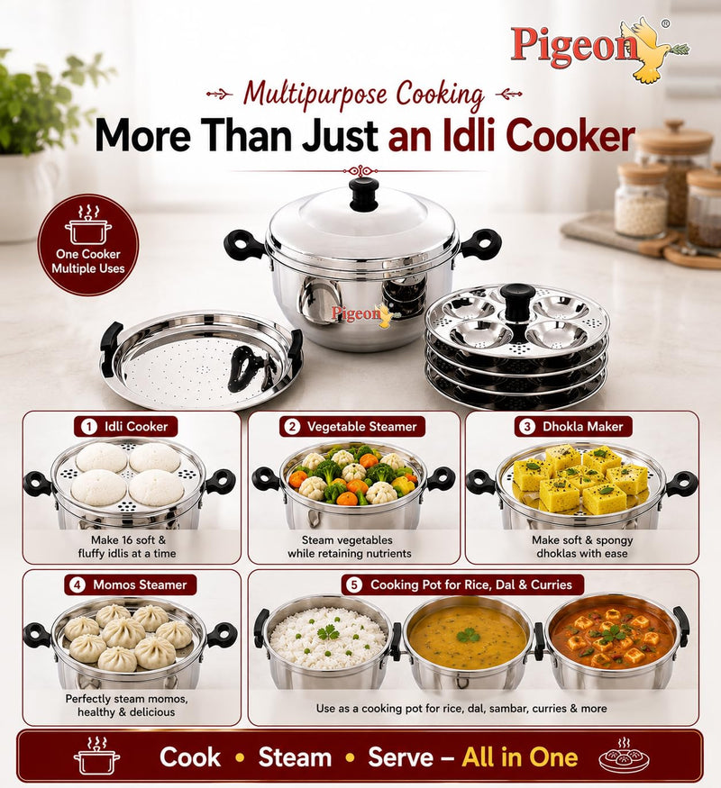Pigeon Stainless Steel Hot 16 Idly Pot with Steamer - Silver
