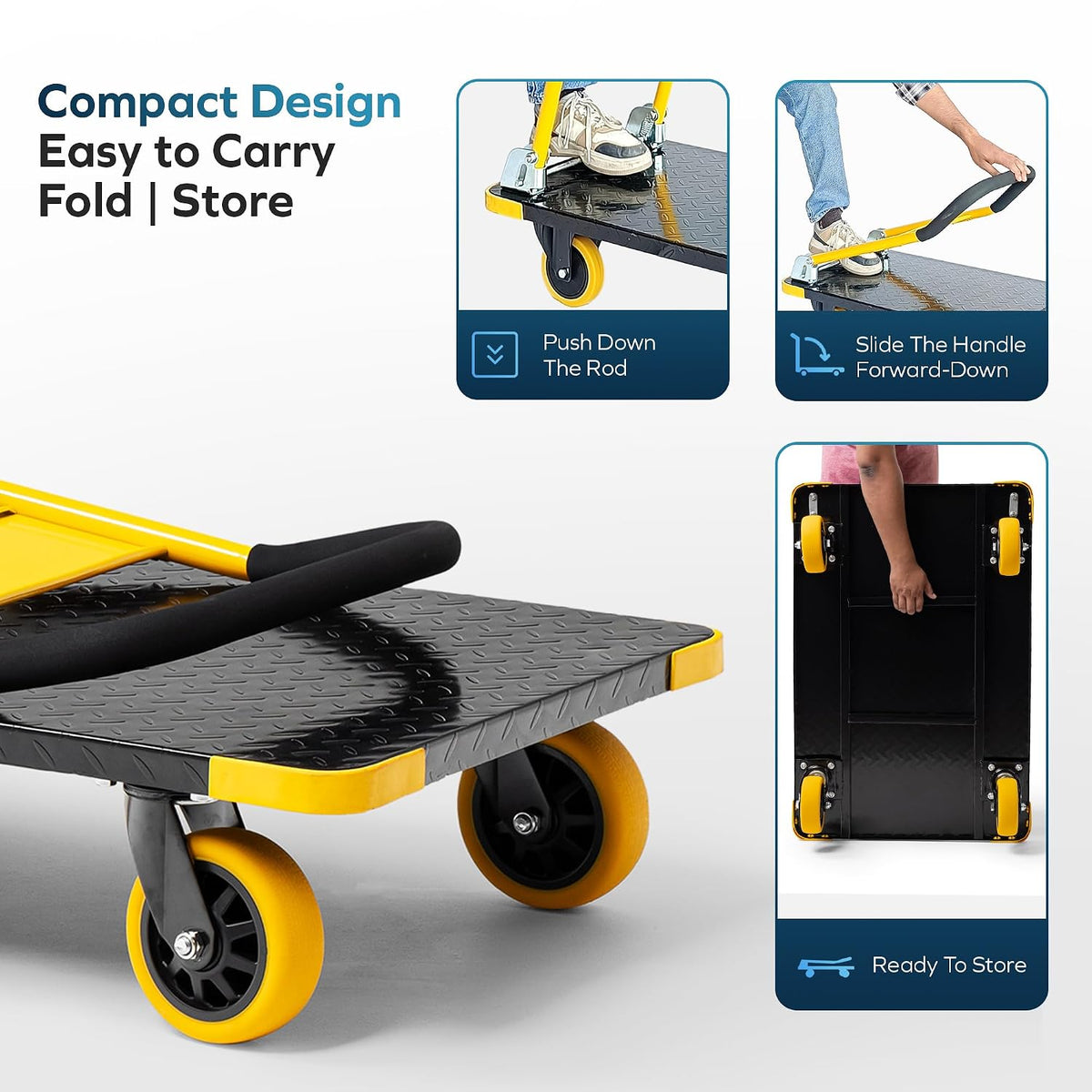 Corvids 400 Kg Heavy-Duty Folding Metal Hand Platform Trolley/Truck | 2-Year Warranty | Portable & Compact Industrial Dolly Cart with 360 Rotating Wheels for Home, Office & Warehouse Use