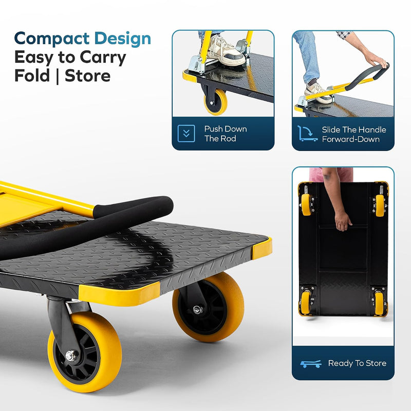 Corvids 400 Kg Heavy-Duty Folding Metal Hand Platform Trolley/Truck | 2-Year Warranty | Portable & Compact Industrial Dolly Cart with 360 Rotating Wheels for Home, Office & Warehouse Use