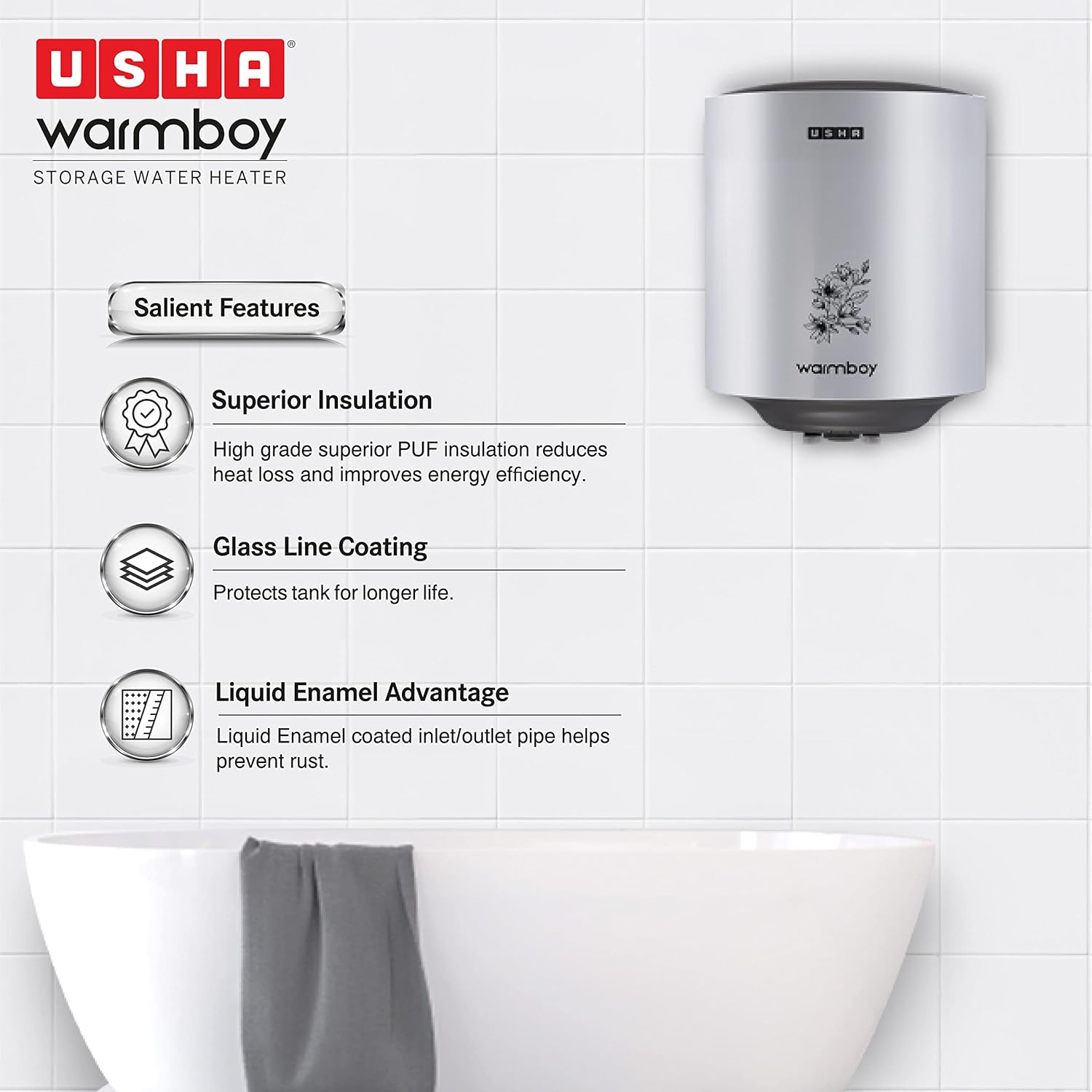 Usha Warmboy 15 Litre Storage Wall Water Heater (White)