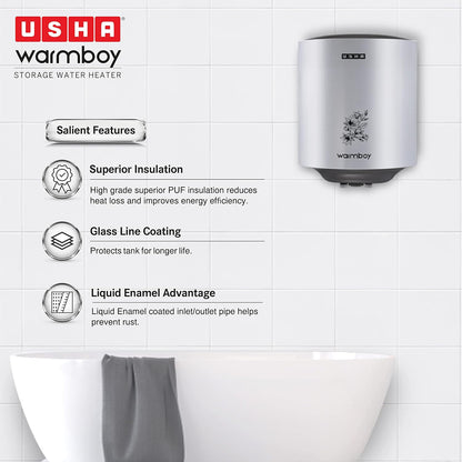 Usha Warmboy 15 Litre Storage Wall Water Heater (White)