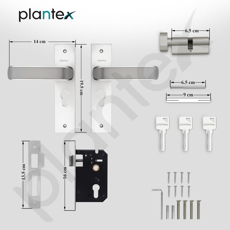 Plantex Heavy-Duty Door Lock Set - Main Door Lock Handle Set/ 6-Lever Lock Mechanism with 3 Years of Warranty/Mortise Lock with 3 Keys, Brass Lockbody & Cylinder(8112 - Satin White & Satin Black)-3