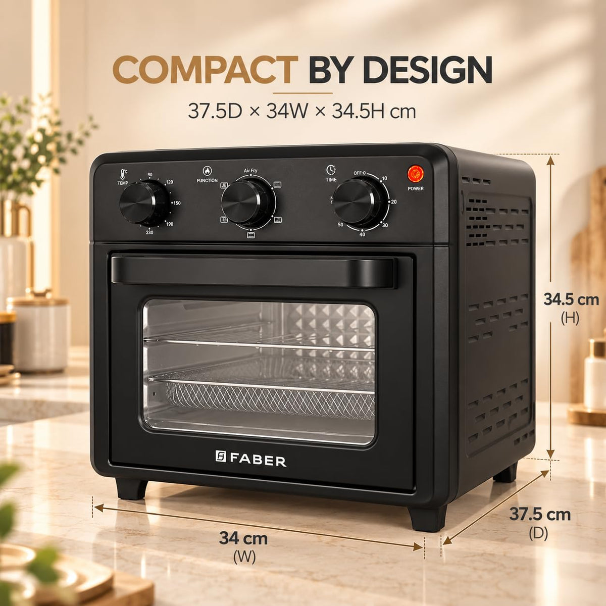 Faber Air Fryer Oven 18L 1500W | Bake Tray, Tray Handle & Crumb Tray | Dishwasher safe removable parts |6 Preset Auto Pr