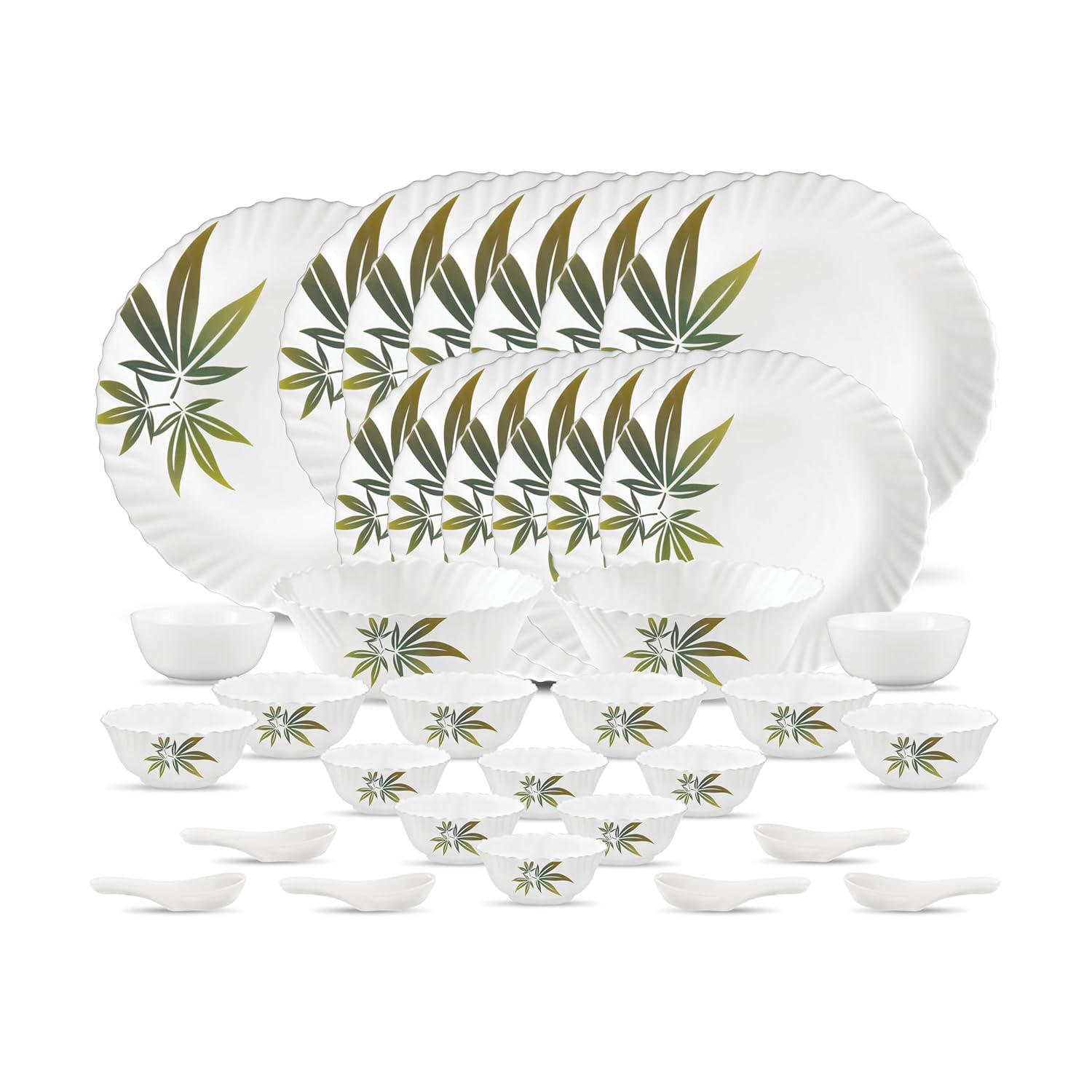 La Opala Novo Collection Opal Glass Crockery | for Family of 6 | Dinner Set 35 pcs Trinty Green | Plates & Bowls for Dining | Microwave Safe | 100% Vegetarian | Extra Strong | Light & White
