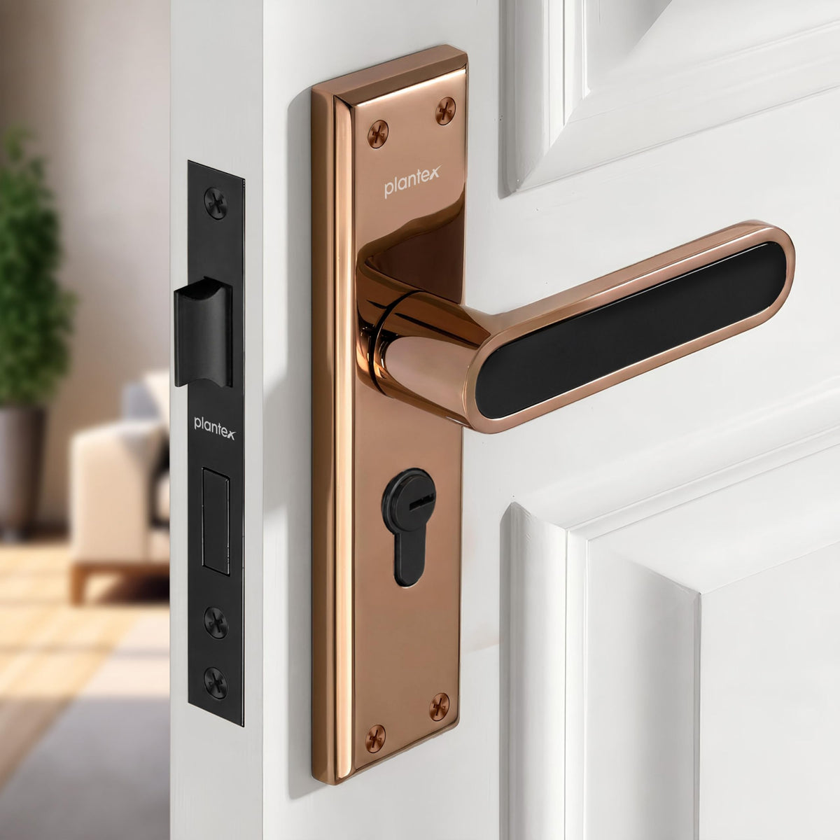 Plantex Door Lock Set - Main Door Lock Plate Handle Set/Mortise Lock with 3 Keys/Lock Body and Cylinder - Pack of 1 (OHMH-21, PVD Rose Gold & Black)-1