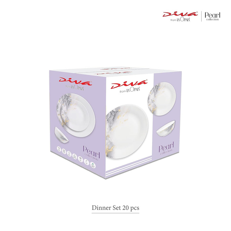 Diva by La Opala, Pearl Collection, Opal Glass Dinner Set 20 pcs, Lively Hues, White
